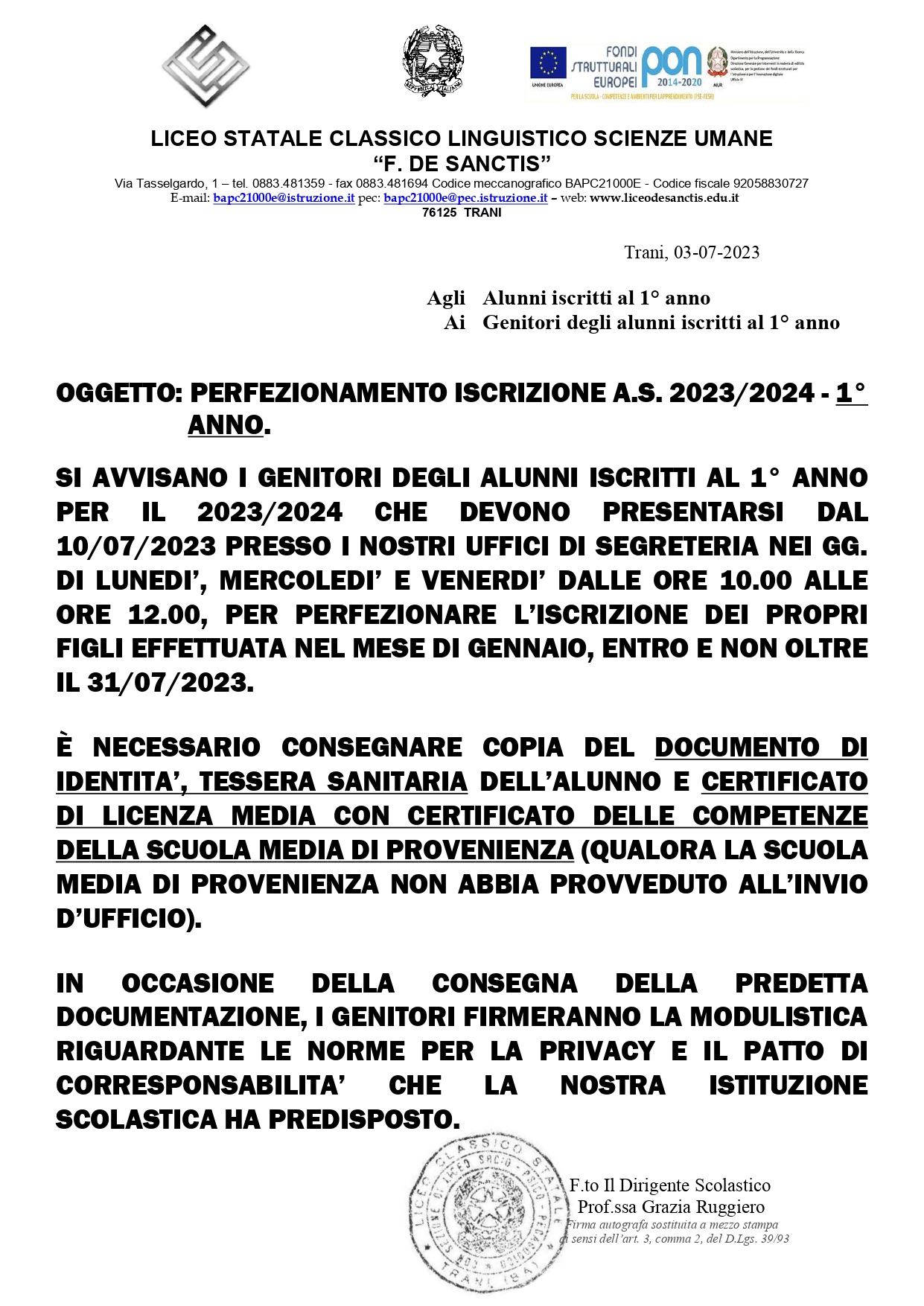 AVVISO PERFEZIONAMENTO ISCRIZIONI A.S. 2023.2024 1 ANNO page 0001